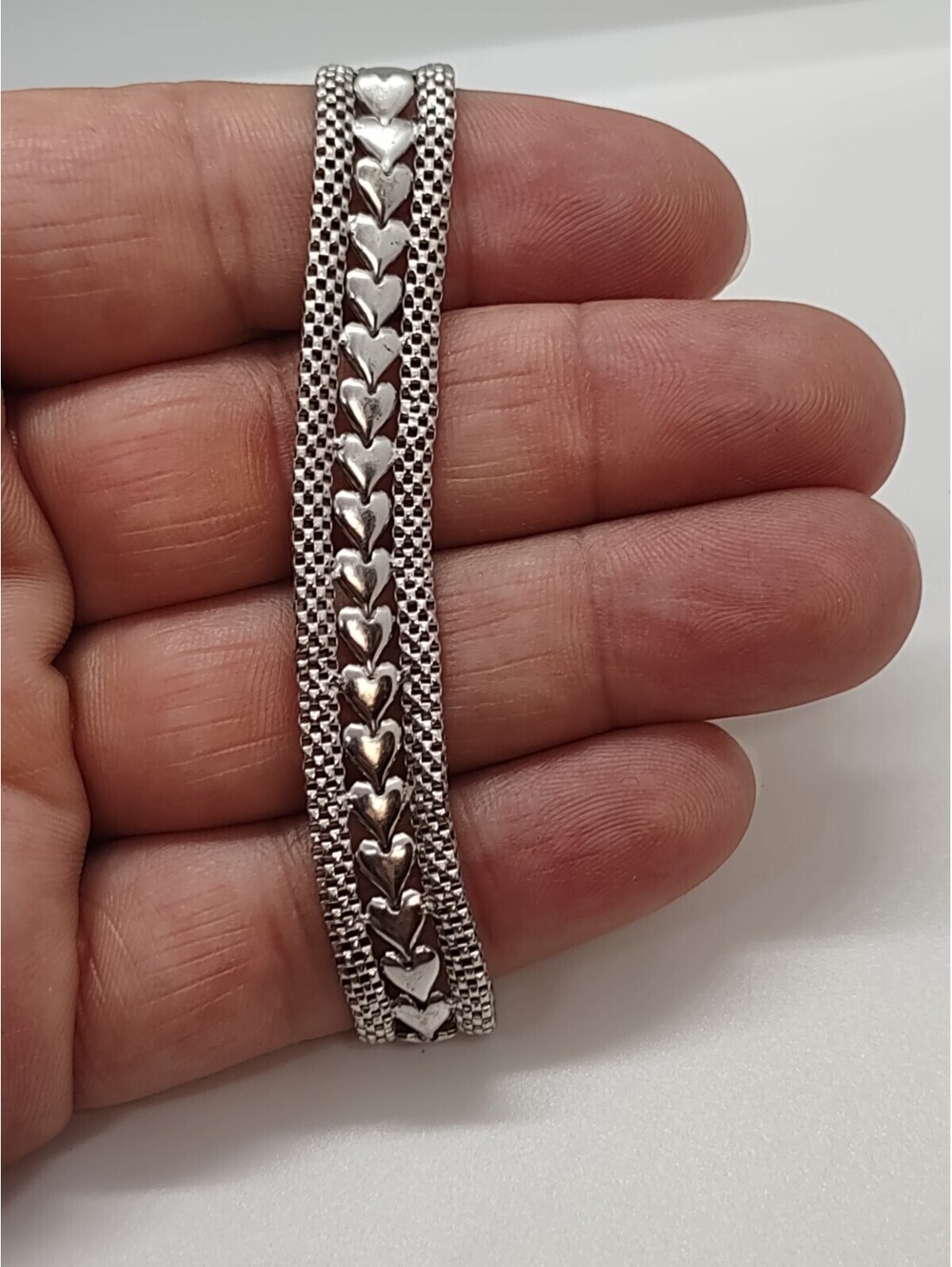 Italian 925 Sterling Silver Heart Link Mesh Bracelet 6.5"